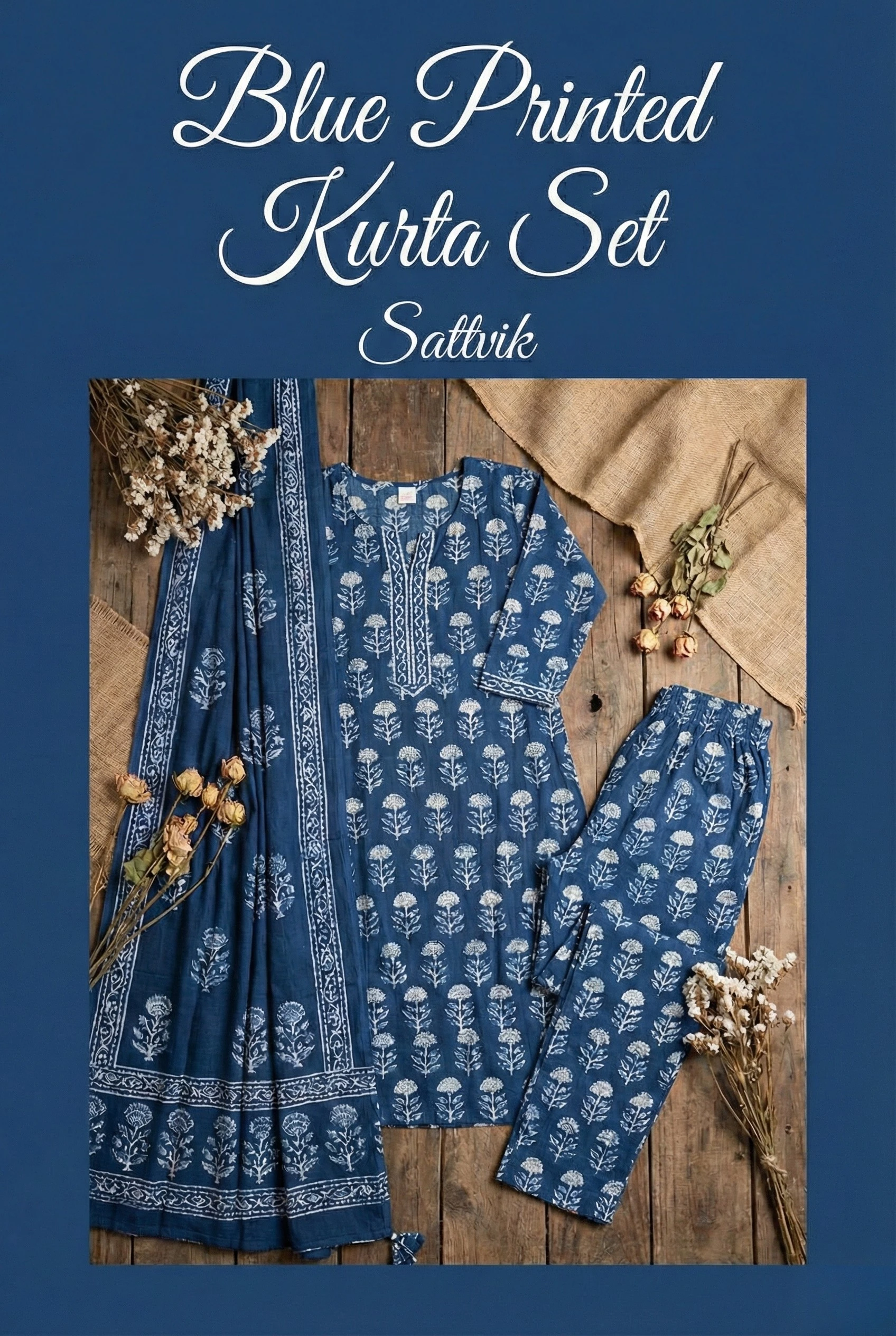 Blue Printed Cotton Kurta Set